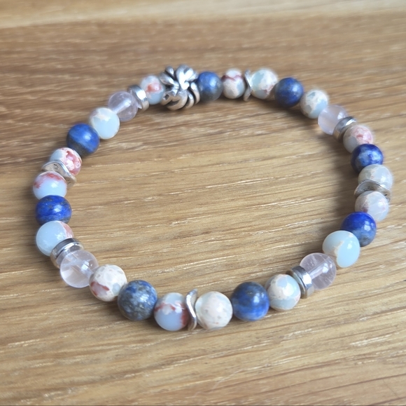 Aqua Terra Jasper & Lapis Lazuli Stretch Beads Bracelet, Hand Crafted - Picture 4 of 8